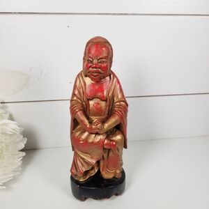 Vintage Hand Carved Wooden Monk Figure | Red & Gilt Asian Sculpture | Buddhist